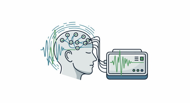 Illustration of a human head with electrodes connected to a monitor displaying brainwave patterns