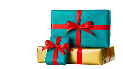 Fototapeta premium Stacked Teal and Gold Gift Boxes with Bright Red Ribbon Bows