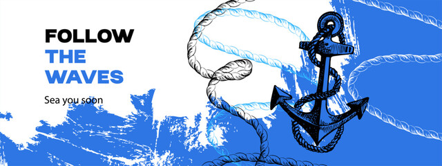Vintage travel background. Sea nautical design. Hand drawn sketch illustration. Collage concept banner © pim