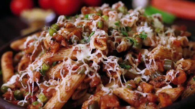 Penne Pasta in rich tomato sauce with vegetables and cheese served in closeup. Perfect pasta, italian and meal visuals with creamy texture and flavorful presentation.