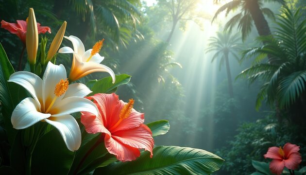 Exotic tropical flowers bloom in a misty rainforest with sunbeams breaking through palm trees. Lush green foliage creates a serene natural setting full of vibrant flora and beauty.