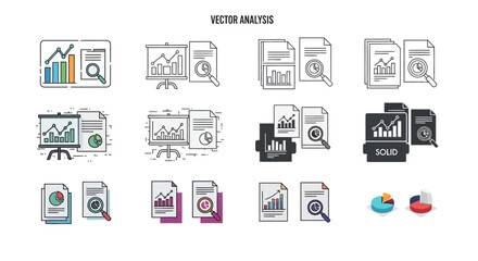 Fototapeta premium Vector analysis presentation board and documents with charts and magnifying glass for business insights.