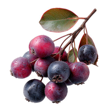 Cut out photo of a bunch of fresh blue shadbush berries. Ripe fragrant berries with leaf isolated on a transparent background. Shadwood or serviceberry. 