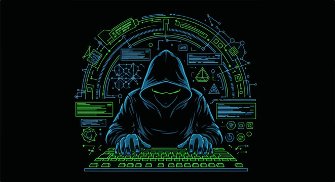 Hacker in a hooded sweatshirt typing on a glowing keyboard amidst digital schematics