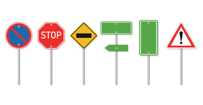 Set of 6 traffic road sings icon collection, stop, warning, direction and  guidepost symbols. Colorful vector illustration.