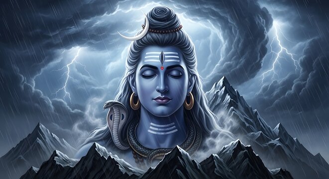 Lord Shiva Meditating in Himalayan Mountains with Lightning and Rain Backdrop