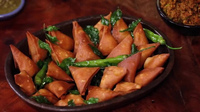 Meat samosa stuffed and fried crispy served in closeup. Perfect samosa, meat and snack visuals with crunchy texture and rich savory filling presentation.