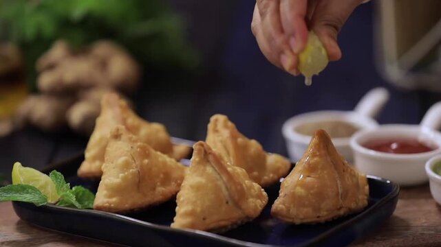 Crispy samosa paired with chutney and tea creates a classic snack combination in closeup. Rich flavors and crunchy texture make it perfect for samosa, tea and snack food visuals.