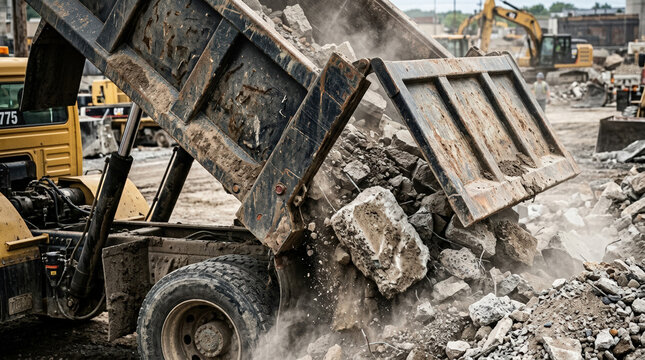 Construction site scene with machinery unloading debris with a sense of activity against a backdrop of an urban environment