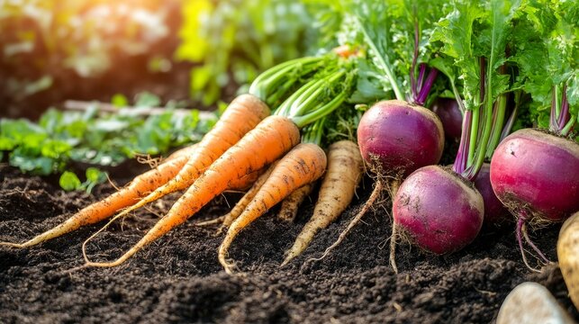 Freshly harvested carrots and beets from the garden with soil in the background during late afternoon light