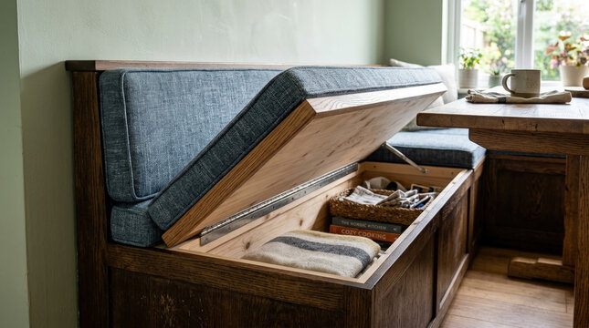 Stylish banquette seating with storage solutions, showcasing functionality in a cozy kitchen setting with natural light