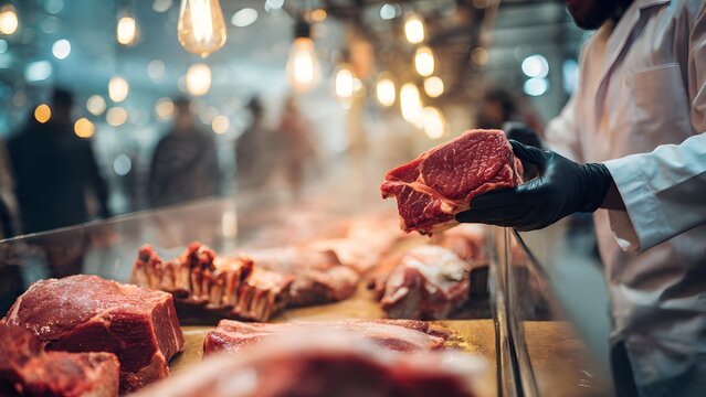 A close-up scene, the butcher in a coat and gloves raises a thick raw red meat chop toward the camera, meat cuts and bones inside the case environment