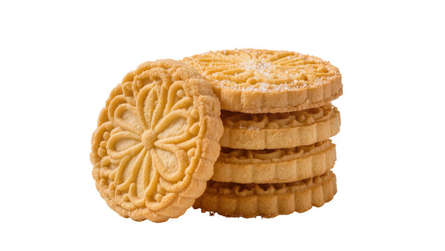 Stacked ornate sugar cookies sprinkled with coarse sugar crystals