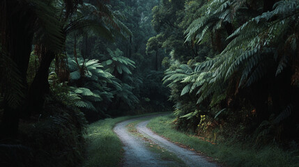 Fototapeta premium A curved gravel road winds through a dark, dense forest.