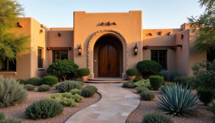 Naklejka premium Southwestern house entrance with arched wooden door and desert landscaping. Warm stucco walls, stone pathway guide to front door. Evening light bathes estate exterior.