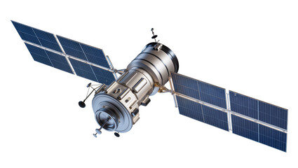 Silver Spacecraft with Blue Solar Panels and Gold Antennae