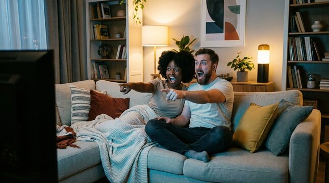 A happy couple enjoying movie night at home on the couch