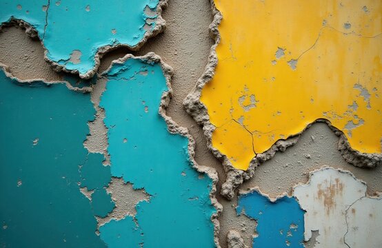 Cracked wall texture with bright peeling paint layers. Rough plaster shows through vibrant turquoise yellow and blue sections. Aged surface detail with abstract color blocks.