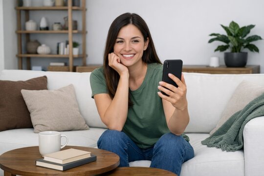 Smiling woman using smartphone on cozy sofa at home interior. Ai generative