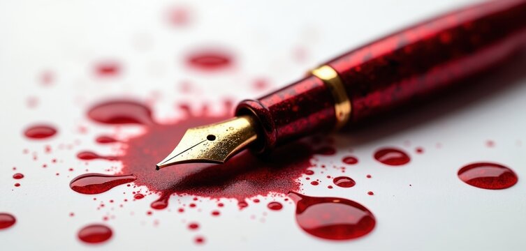 Red fountain pen with gold nib rests on white surface with spilled crimson liquid drops and splatters. Symbolizes drama, mystery, crime, or writing gone wrong. Evokes suspense and intensity.