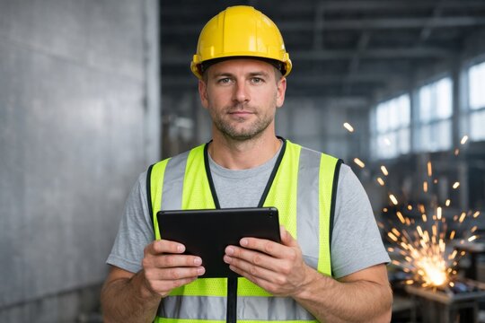 Construction worker using tablet in active industrial workspace.. Ai generative