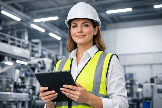 Woman engineer with tablet in modern industrial facility. Ai generative