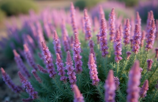 Purple liatris flowers bloom in field. Thin green leaves grow on stems. Soft light illuminates natural meadow with many plants. Summer garden scene outdoors.