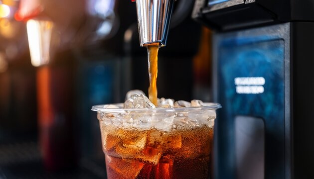 carbonated soft drink pouring from a soda fountain into a plastic cup with ice concept of fast food self service cold beverage cafe restaurant and soft drink consumption