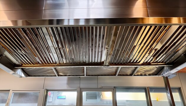 a large stainless steel exhaust hood with grease baffles designed for optimal grease control in a high traffic commercial kitchen