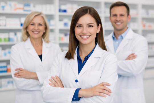 Pharmacists team standing in modern pharmacy environment. Ai generative