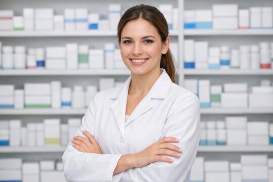 Smiling pharmacist in modern pharmacy interior portrait. Ai generative