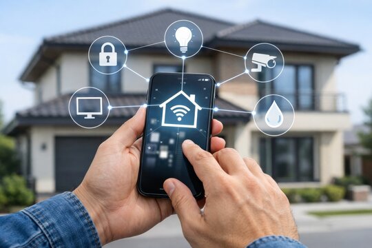 Smart home tech control interface displayed on smartphone in front of modern house. Ai generative