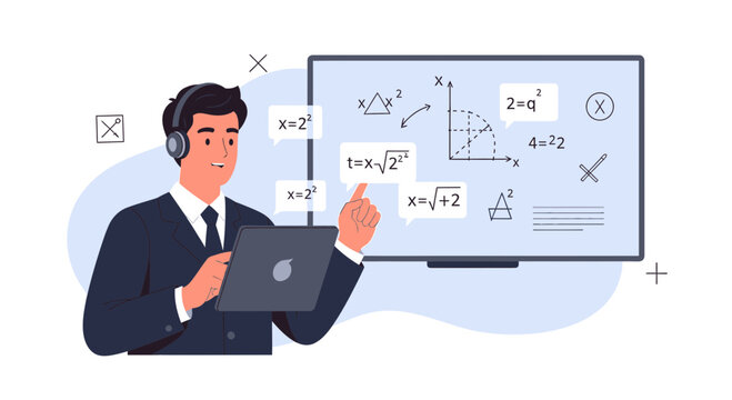 Online Math Teacher Explains Equations on Digital Board with Tablet