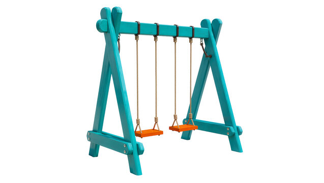 Turquoise Wooden Swing Set with Two Orange Plastic Seats