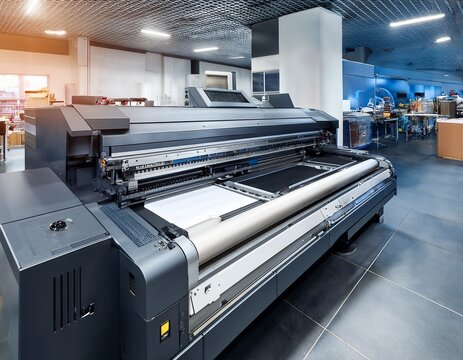 a large wide digital printer machine during production in background of modern print shop