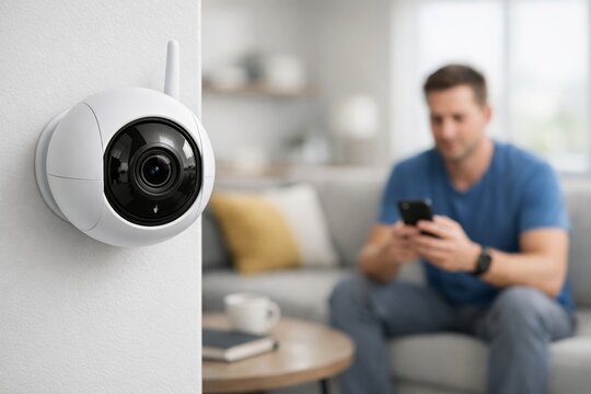 Smart home security camera on interior wall with blurred person behind it. Ai generative