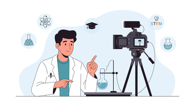 Scientist filming a science experiment for online education, STEM concept