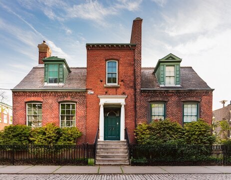 old brick house facade with green annex building vintage architecture and urban living concept exterior view of residential property