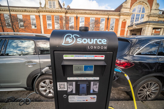 LONDON - FEBRUARY 24, 2026: Source London EV charging point close up North Kensington W10