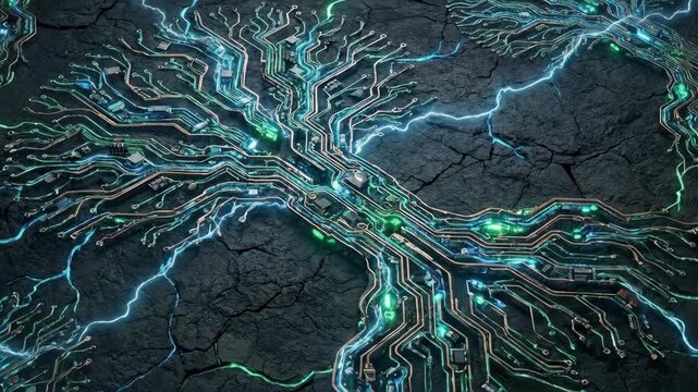 Lightning surges through circuit patterns on cracked terrain. Electrical energy activation in digital network. Futuristic power flow visualization for technology concepts.