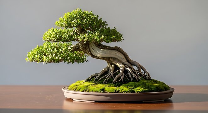 serene bonsai tree on wooden table with moss. banzai tree