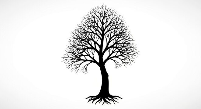 Silhouette of bare winter tree with exposed roots
