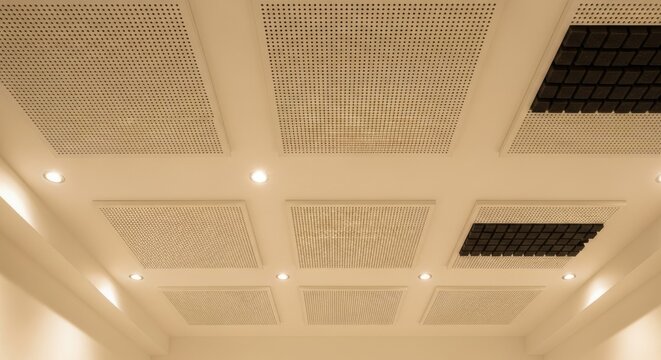 Off-white acoustic ceiling tiles with perforations and integrated lighting in a modern interior space