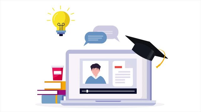 Online education platform on laptop with graduation cap and books nearby