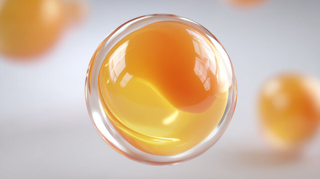ビタミン成分をイメージした透明感のあるオレンジ色の美容カプセル分子の3Dイラスト, Transparent orange beauty capsule molecule inspired by vitamin ingredient, 3D illustration