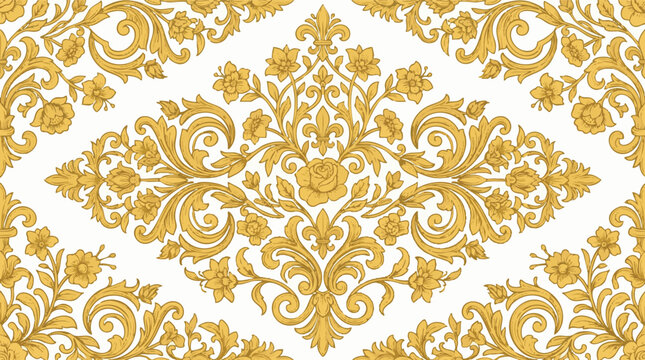 Ornate golden damask pattern with floral motifs on a white background, elegant decorative wallpaper