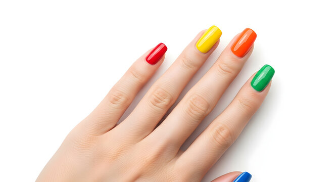 A hand with multicolored painted nails on a white background