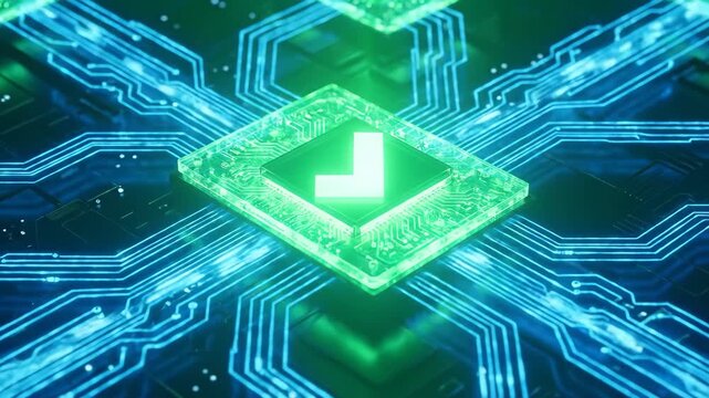 Digital checkmark forming on glowing circuit board. Green verification symbol animation in tech interface. Success concept for software confirmation and digital validation process.
