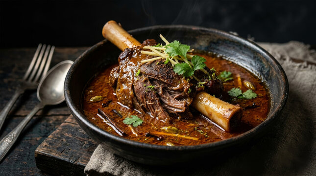 Indian Nalli Nihari stew of lamb with bone and marrow in a rustic bowl on a wooden table