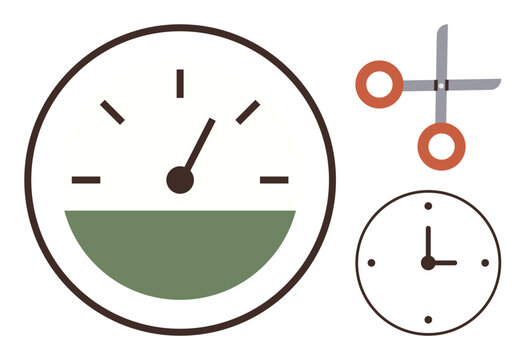 Time management, productivity, scheduling, deadlines, cutoff points, planning tasks. A clock, speedometer and scissors in simple design. Time management and productivity
